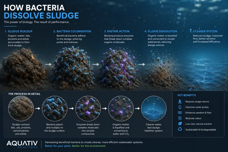 Five-step illustration showing beneficial bacteria colonising and biologically breaking down organic wastewater sludge.