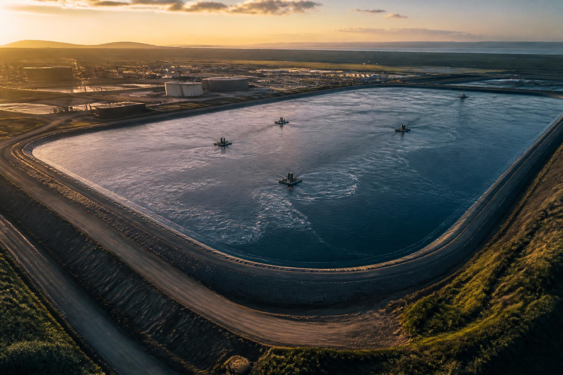 Industrial wastewater lagoon with surface aerators