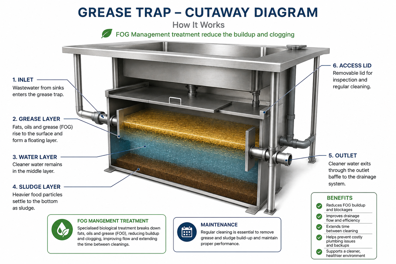 Cutaway diagram of a grease trap showing inlet, floating grease layer, water layer, sludge layer, outlet baffle and access lid, with notes on FOG management treatment and maintenance.